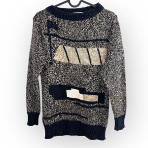 Vintage Laurel by Escada Linen Cotton Knit Navy cream print Jumper Sweater small